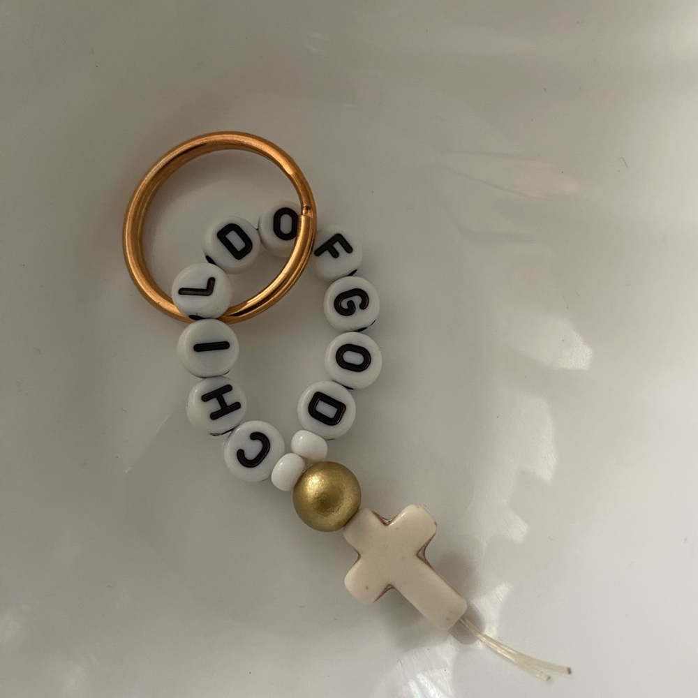 Gold and White Beaded Keychain with Cross set of 2